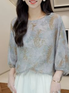Summer New Style Womens Printed Chiffon Shirt Comfortable Breathable Fashionable round Neck Seven Sleeve Sun Protection Thin Top