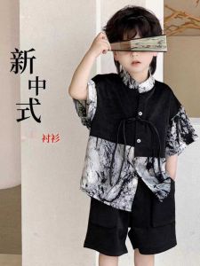 Áo Sơ Mi Tay Ngắn Phong Cách Trung Hoa Mới Cho Bé Trai Quần Short Mùa Hè Mỏng Thời Trang Bộ Đồ Hai Mảnh Vải Voan Trẻ Em