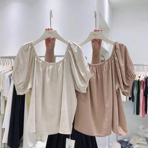 Korean Style Cotton Linen Bubble Sleeve round Neck T-Shirt Womens Loose Slimming Fashionable Summer New Arrival Casual Pure Color Commute Top
