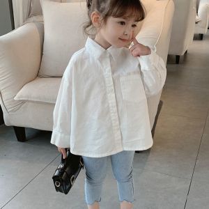 White Long Sleeve Letter Print Girls Shirt Baby Fashionable Korean Style Spring Clothing Childrens Top Trendy Family Outfit