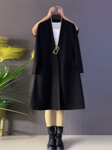 Slimming Long Sleeve Black Jacket V-Neck plus Size Womens Fashionable Versatile Simple Style Casual Spring Cotton Polyester