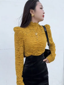 French High Collar Lace Base Shirt Womens Autumn Winter 2024 Slim Fit Inner Elegant Small Shirt Bubble Sleeve Top