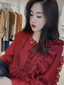 Internet Celebrity Same Style Womens Fall 2023 New Design Sense Fashion Pure Color Ruffles Female Boutique Bottoming Shirt
