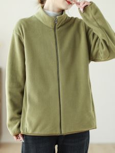Womens Fleece Lined Long Sleeve Jacket Casual Thin Outerwear Polo Collar mid Autumn Winter Fashion for Older Women Short Coat