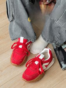 LANKAMO | Red Genuine Leather Increased Height 7CM Womens Deqin Shoes 2025 New Thick Bottom Breathable Casual Sports Dad Shoes