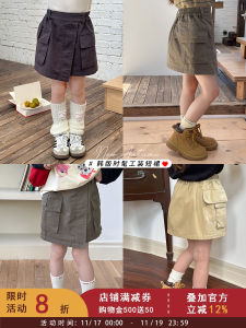 Spring Autumn Baby Girls Fashionable Pocket Workwear Style Short Skirt Childrens Korean Version Midi Skirt Cotton A-Line Skirt