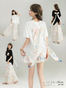 Keiko | Ribboned Bow T-Shirt Floral Patchwork Asymmetrical Loose Top