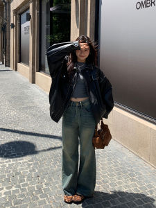 American Style High Waist Wide Leg Denim Jeans Womens Spring New Loose Floor-Length Straight Tube Pants Vintage Blue