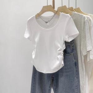 เสื้อยืดแขนสั้นสีขาวทรงเข้ารูปสำหรับผู้หญิง คอวี ดีไซน์เก๋ไก๋ แขนสั้น ทรงเข้ารูป แฟชั่นฤดูร้อน เสื้อผ้าทำงานสไตล์เกาหลี