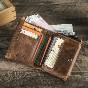 Hiram Genuine Leather Men Wallet Zipper Purse Coin Pocket Card Holder Mens Short Money Bag Crazy Horse Leather Wallets
