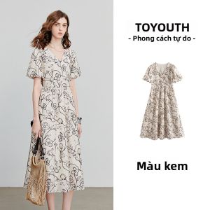 Toyouth | Đầm Nghỉ Dưỡng In Hoa V-neck Tay Bồng Thắt Eo Lyocell