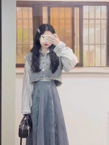 New Chinese Style Womens Early Autumn Denim Short Jacket Half Skirt Three-Piece Set Fashionable Traditional Hanfu Clothing
