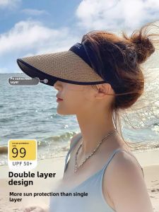 Womens Summer UV Protection Straw Sun Hat Wide Brim Beach Riding Face Covering Fashionable Empty Top Hat Casual Style