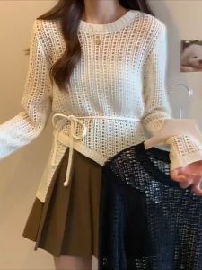 🔥Fran🔥 blouses women new style 2025 Hollow-out Long Sleeved Knitwear Chic Sweet Hot Style Smock Niche Waist Retraction Top Women