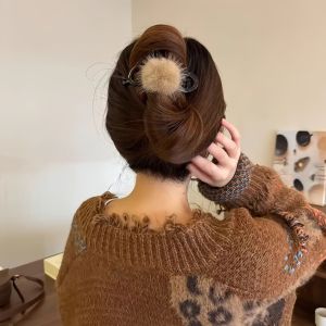 Retro Knotted Ball Hair Clip Plush Hairpin Bun High Class Feeling Side Ponytail Holder Fashionable Hair Accessories