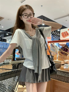 Korean College Style Womens White Shoulder T-Shirt Set Complete OOTD Trendy Grey Shawl Versatile Fashionable Short Sleeve round Neck