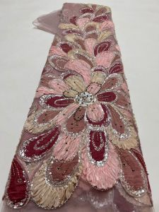 2026 Fashion African Groom Embroidery Velvet Beaded Lace Fabric 5 Yards French Tulle Sequins Lace Fabric Nigerian Wedding AT2841