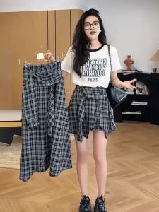 Váy Ngắn Kẻ Caro Cạp Cao Không Đều Phong Cách Hàn Quốc Mùa Hè Cho Nữ Váy Chữ a Dáng Rộng Dài Vừa Phải