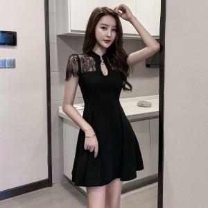 ELF TRIBE Lace Dress for Women New High-waisted Improved Cheongsam Hepburn Style Vintage Small Black Dresses