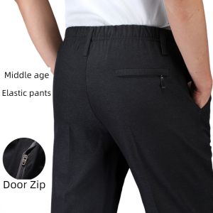 Elderly Mens High Waist Fleece Lined Casual Pants Spring Autumn Loose Fit Dad Grandpa Long Trousers Business Casual Style