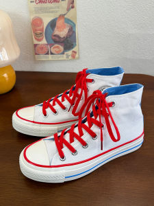 Retro Flat Bottomed Laced Canvas Shoes White And Red Hong Kong Style Casual mid Top Youth And Teenagers All Season Wear