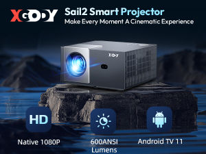 XGODY Sail-2 Smart Projector Android TV 11 600ANSI Native 1080P Full HD Support 4K Lumen Electric Focus Eye Protection Cooling Performance Dual Bluetooth Built-in Hi-Fi Speaker