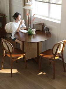 Rustic Wooden Coffee Table round Small Apartment Japanese Style Balcony Casual Dining Table Wicker Weaving Tea Table Chair