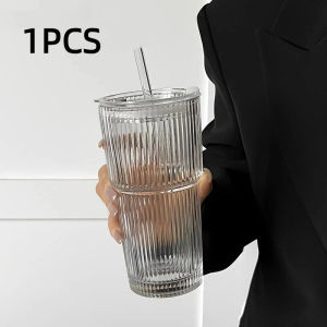 Ins-style vertical striped glass straw cup vintage iced coffee cup high-quality water cup for hot and cold drinks,Perfect gift