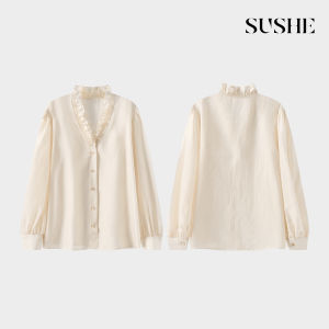 SUSHE | Elegant French Lace-up V-neck Loose Long Sleeve Shirt