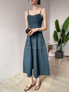Retro Denim Halter Dress Women Spring Autumn High Waist Asymmetrical Slit Long Design Sense Casual No Sleeve V-neck Zipper