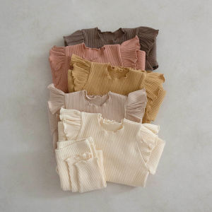 Girls Long Sleeve Sleepwear Lace Home Clothes Two-Piece Set Baby Autumn Thermal Underwear Korean Style Cotton Polyester Blend