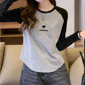 Áo Thun Cotton Dài Tay Màu Tương Phản Cho Nữ Mùa Xuân Thu Thiết Kế Eo Không Đều Viền Cổ Tròn Thường Ngày