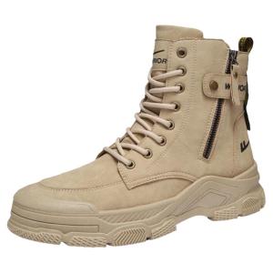 Mens High-Top Martin Boots Winter Warm Fleece Lined Side Zip Work Boots British Style Cotton Shoes Waterproof Low Heel