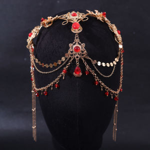 Red Purple Drop Crystal Long Chain Antique Exotic Ethnic Bride Wedding Headwear Hair Accessories for Women Handmade Hair Jewelry
