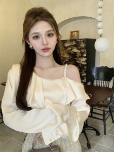 GUZILIAN | Elegant French Style Long Sleeve Satin Shirt Womens Irregular Hem One Shoulder Strap Chic Beautiful Small Top Korean Version