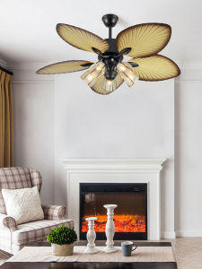 Chinju Bronze Living Room Dining Room Study Fan Light Retro Banana Leaf Design Handheld Speed Control Reversible Motor Fan Light