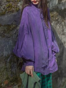 Spring Autumn 2025 Womens Loose Long Sleeve Thickened Artistic Design Lantern Sleeve Shirt Original Design Commute Style Pure Color