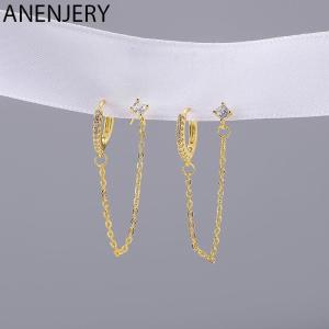 ANENJERY Micro Zircon Double Pierced Hoop Earrings For Women Creative Chain Earrings Party Jewelry