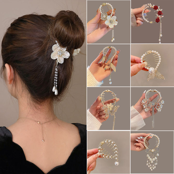 Women Camellia Hair Clip Hollow Bow Orchid Flowertassel Ponytail