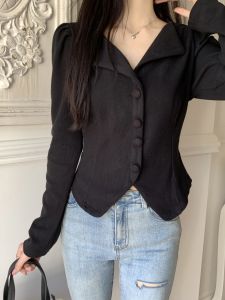 French Elegant Long Sleeve Womens Shirt Puffy Sleeve Slimming Waist Versatile Fall New Style Small Size All-Match Bubble Top