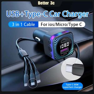 Car Bluetooth 5.3 FM Transmitter HD Navigation Broadcast MP3 Music Player USB+PD Car Charger Adapter With 3 in 1 66W Fast Charging Cable For ios/Type C/Micro