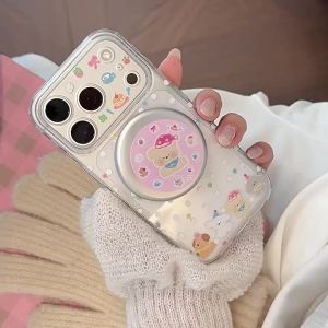 Korean Polka Dots Cartoon Puppy Magnetic Bracket Phone Case For iPhone 17 11 12 13 14 15 16 Pro Max Clear Shockproof Soft Cover