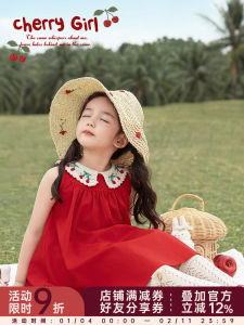 Summer Casual Cotton Blend Fabric Cherry Print Sleeveless Vest Dress for Girls mid Waist Large Skirt Hem Breathable Comfortable