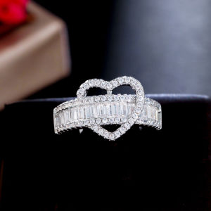 SEQUITO Romantic White Gold Plated Heart Shape Open Cuff Adjustable Ring Inlaid Baguette Cut Shiny AAA Cubic Zirconia Exquisite Women Wedding Band Engagement Finger Jewelry for Bride SR063
