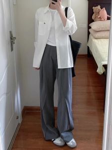 Gray Wide Leg Casual Pants Womens plus Size Loose Fit Suit Trousers High Waist Slimming Drapey Comfortable Korean Style