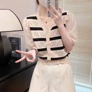 เสื้อคาร์ดิแกนคอวีแขนพองลายทางไหมน้ำแข็งสไตล์ฝรั่งเศสสำหรับผู้หญิง เสื้อถักแบบมีช่องว่าง ทรงเข้ารูป แขนยาวปานกลาง