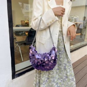 IU MISS Shiny Evening Clutch Bag Glitter Large Capacity Chain Crescent Bag Casual Korean Style Sequin Crossbody Bag Ladies