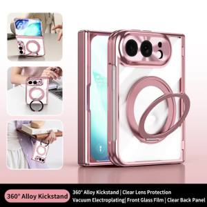 szhaiyu | For iPhone Duo iPhone 18 Fold Luxury Plating Clear Case With 360° Magnetic Ring Holder With Screen Lens Protection Cover Funda
