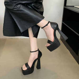 รองเท้าแตะส้นสูงพื้นหนาหัวเหลี่ยมสำหรับงานปาร์ตี้ รองเท้าแฟชั่นฤดูร้อน รองเท้าส้นสูงสำหรับผู้หญิงไซส์เล็ก รองเท้าแบบสวม พื้นยาง