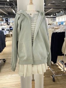 BM Official Website Zhao Lusi Same Style Sweatershirt Outwear BM Fall and Winter Casual Versatile Slimming Pure Color Zipper Hooded Cardigan Female